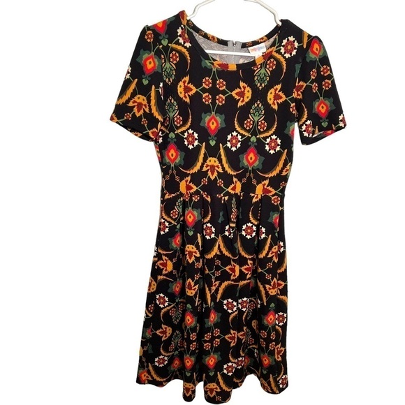Lularoe Amelia Fit & Flare Dress Black Mustard Floral - Picture 1 of 12